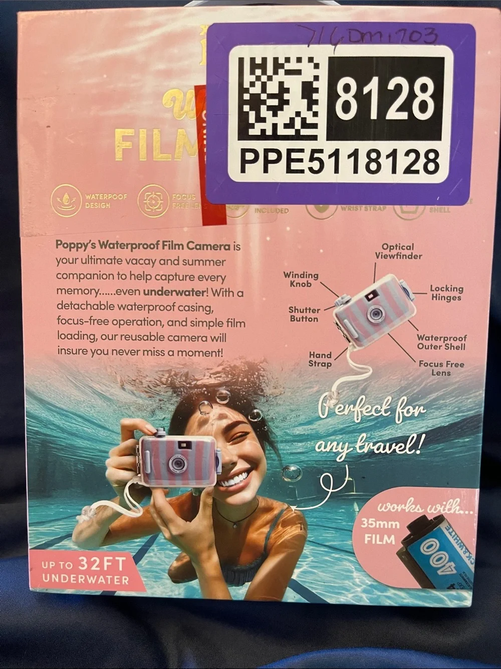 XO Poppy Waterproof Film Camera - Pink & White Stripes